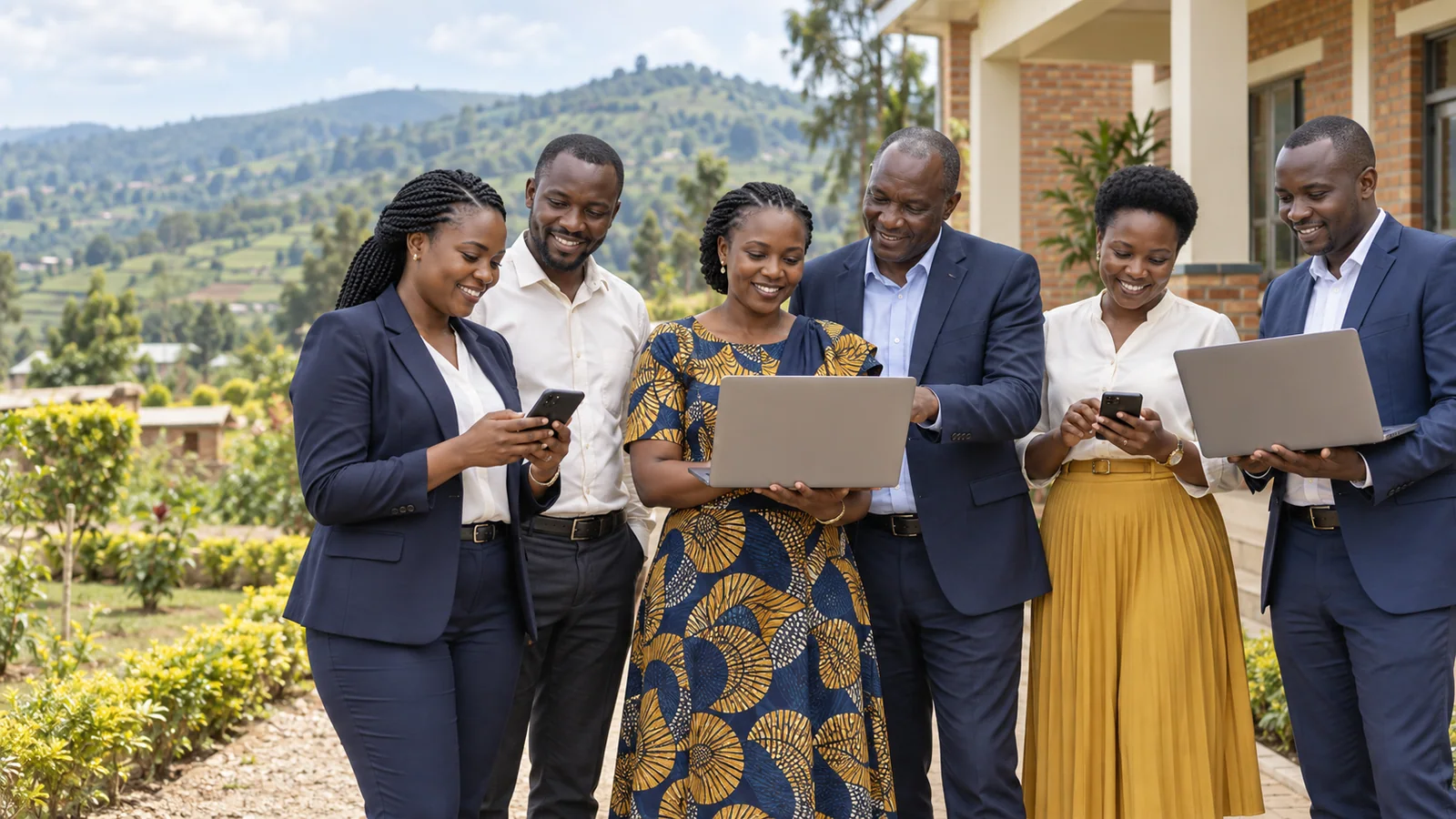 Abantu bambaye neza, bafite laptop na smartphone mu ntoki.